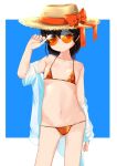  1girl bangs bikini bow breasts brown_hair closed_mouth collarbone commentary_request hand_on_eyewear hat hat_bow kantai_collection long_hair looking_at_viewer micro_bikini nassukun navel open_clothes open_shirt orange_bikini orange_bow round_eyewear see-through see-through_shirt shirt simple_background small_breasts solo souya_(kancolle) stomach straw_hat sunglasses swimsuit tinted_eyewear two-tone_background white_shirt 