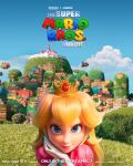  1girl 3d bangs blonde_hair blue_eyes cloud copyright_name crown dress earrings gloves grass highres jewelry key_visual logo mario_(series) mushroom official_art own_hands_together pink_dress portrait princess_peach princess_peach&#039;s_castle promotional_art puffy_short_sleeves puffy_sleeves short_sleeves sky smile solo the_super_mario_bros._movie tree white_gloves 