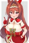  1girl :d absurdres animal_ears bangs blush bow breasts brooch brown_hair commentary_request daiwa_scarlet_(scarlet_nuit_etoile)_(umamusume) daiwa_scarlet_(umamusume) detached_sleeves dress fang fur-trimmed_dress fur-trimmed_gloves fur-trimmed_sleeves fur_trim gloves green_bow grey_background hair_between_eyes hair_intakes hand_on_hip hand_up highres horse_ears illuminate_the_heart_(umamusume) index_finger_raised jewelry large_breasts long_hair looking_at_viewer ochinsama puffy_short_sleeves puffy_sleeves red_dress red_eyes red_gloves red_sleeves short_sleeves signature smile solo striped striped_bow tiara twitter_username two-tone_background umamusume very_long_hair white_background 