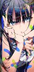  1girl bandaid bandaid_on_arm bandaid_on_cheek bandaid_on_face bangs black_hair blue_eyes commentary_request fingernails green_nails hair_between_eyes hair_in_mouth hair_ornament hairclip hands_up head_tilt highres jewelry long_hair looking_at_viewer mika_pikazo nail_polish original parted_lips ring solo twintails upper_body v 