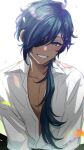  1boy ahoge backlighting bangs blue_eyes blue_hair blush collarbone collared_shirt commentary_request dark-skinned_male dark_skin earrings eyelashes eyepatch genshin_impact grin hair_over_one_eye hair_over_shoulder jewelry kaeya_(genshin_impact) long_hair long_sleeves looking_at_viewer low_ponytail male_focus noma_(noma3g) one_eye_covered open_clothes open_shirt parted_bangs parted_lips pectoral_cleavage pectorals ponytail shirt sidelocks simple_background single_earring smile solo swept_bangs teeth upper_body white_background white_shirt wing_collar 