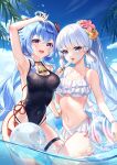  2girls :d absurdres ahoge arm_up armpits backless_swimsuit ball bangle bangs bare_arms bare_shoulders beachball bell bikini black_one-piece_swimsuit blue_eyes blue_hair blue_sky blunt_bangs blunt_tresses blush bracelet breasts cleavage covered_navel cowboy_shot day flower flower_knot food ganyu_(genshin_impact) genshin_impact goat_horns hair_flower hair_ornament halterneck hand_up highleg highleg_swimsuit highres holding holding_ball holding_beachball holding_food horns innertube jewelry kamisato_ayaka lalazyt large_breasts light_blue_hair long_hair looking_at_viewer medium_breasts multiple_girls navel neck_bell one-piece_swimsuit open_mouth outdoors partially_underwater_shot ponytail popsicle purple_eyes rainbow sidelocks skindentation sky smile stomach swimsuit tassel thigh_strap wading water water_drop wet wet_clothes wet_swimsuit white_bikini white_hair 
