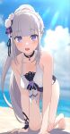  1girl absurdres all_fours bangs bare_shoulders beach bikini black_choker blue_sky blunt_bangs blurry blurry_background blush camui1104 choker cloud cloudy_sky collarbone commentary day depth_of_field detached_sleeves emilia_(re:zero) foot_out_of_frame grey_hair hair_ornament high_ponytail highres looking_at_viewer ocean open_mouth purple_bikini purple_eyes purple_nails re:zero_kara_hajimeru_isekai_seikatsu sand sidelocks sky solo sunlight swimsuit teeth upper_teeth white_bikini 