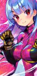  1girl bangs blue_hair blunt_bangs blush bodysuit breasts closed_mouth commentary_request highres kula_diamond long_hair looking_at_viewer medium_breasts onono_imoko red_eyes smile solo the_king_of_fighters upper_body zipper 