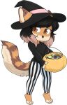  2016 alpha_channel anthro barefoot biped black_clothing black_hair black_sweater black_topwear bottomwear brown_body brown_eyes brown_fur candy_bucket claws clothed clothing countershade_face countershade_fur countershade_tail countershading digital_media_(artwork) ear_piercing facial_piercing feet female full-length_portrait fully_clothed fur hair halloween hat headgear headwear hi_res hindpaw holidays looking_at_viewer mammal multicolored_hair nose_piercing pants pattern_bottomwear pattern_clothing pattern_pants paws piercing pink_hair portrait septum_piercing shaded simple_background solo standing striped_bottomwear striped_clothing striped_pants stripes sweater tan_body tan_fur toe_claws topwear transparent_background two_tone_hair witch_hat zyira 
