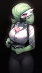  big_breasts bottomwear breasts clothing face_mask female gardevoir generation_3_pokemon green_hair hair hi_res nintendo not_furry pants pokemon pokemon_(species) shirt solo spuydjeks topwear video_games 