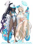  2girls absurdly_long_hair asuna_(blue_archive) b-pang bangs bare_legs bare_shoulders baseball_cap between_breasts bikini black_hair blue_archive blue_eyes blush breasts cleavage closed_mouth dark-skinned_female dark_skin full_body gradient_hair grin hair_between_eyes halo hand_on_own_thigh hat highres huge_breasts jacket karin_(blue_archive) leaning_forward light_brown_hair long_hair looking_at_viewer mole mole_on_breast multicolored_hair multiple_girls off_shoulder one-piece_swimsuit open_clothes open_jacket purple_hair sideboob smile standing swimsuit thigh_strap toenails very_long_hair white_bikini white_jacket white_one-piece_swimsuit yellow_eyes 