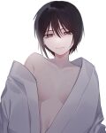  1girl baby_(demotsu) bangs bare_shoulders black_hair brown_eyes collarbone fruits_basket highres japanese_clothes kimono light_particles long_sleeves looking_at_viewer navel off_shoulder short_hair simple_background solo souma_akito spoilers upper_body white_background white_kimono 