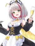  1girl :d alcohol antennae bee_wings breasts champagne champagne_flute colored_inner_hair commentary cup detached_collar detached_sleeves drinking_glass frills green_eyes grey_hair guchico indie_virtual_youtuber looking_at_viewer maid maid_headdress medium_breasts medium_hair mitsuzaki_aya_(character) multicolored_hair nail_polish open_mouth red_hair simple_background smile solo streaked_hair two-tone_hair virtual_youtuber white_background yellow_nails 