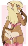  anthro biped blonde_hair blue_eyes border bra brown_body brown_fur butt butt_heart cervid clothed clothing clothing_bow digital_media_(artwork) female finger_to_mouth footwear fur hair hi_res legwear long_hair looking_at_viewer looking_back looking_back_at_viewer mammal panties panties_down partially_clothed pink_background pink_bra pink_clothing pink_footwear pink_legwear pink_panties pink_socks pink_thigh_highs pink_thigh_socks pink_underwear simple_background socks solo thigh_highs thigh_socks underwear underwear_down undressing white_border zyira 