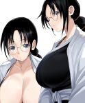  1girl black_hair black_kimono bleach bleach:_the_thousand-year_blood_war breasts chicke_iii cleavage commentary_request cropped_torso from_side glasses grey_eyes hair_tie haori highres japanese_clothes katori_batsuunsai kimono large_breasts long_hair long_sleeves looking_at_viewer low_ponytail multi-tied_hair nose_pads open_clothes parted_lips ponytail profile round_eyewear sash semi-rimless_eyewear sidelocks sideways_glance simple_background solo sweat taichou_haori upper_body white_background white_sash 