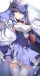  1girl absurdres bangs black_gloves blue_cape blue_dress blue_flower blue_rose breasts brown_eyes cape dress fairy_knight_lancelot_(fate) fairy_knight_lancelot_(second_ascension)_(fate) fate/grand_order fate_(series) flower forked_eyebrows frills gloves grin hair_flower hair_ornament herigaru_(fvgyvr000) highres long_hair long_sleeves looking_at_viewer rose sidelocks small_breasts smile solo thighhighs thighs veil white_hair white_thighhighs 