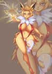  1girl :3 absurdres animal_ear_fluff animal_ears animal_feet animal_hands animal_nose arm_up ass_visible_through_thighs blonde_hair blush body_fur boingfarm breasts bright_pupils commentary electricity electrokinesis english_commentary feet forehead forked_eyebrows full_body fur_collar furry furry_female hair_flaps happy highres huge_breasts jolteon leg_up light_blush looking_at_viewer maebari navel open_mouth pawpads personification pokemon pokemon_(creature) purple_eyes red_one-piece_swimsuit shiny shiny_clothes shiny_skin short_hair sidelocks single_thighhigh skindentation slingshot_swimsuit smile solo spread_fingers standing standing_on_one_leg stomach swimsuit thighhighs torn_clothes torn_thighhighs two-tone_fur v-shaped_eyebrows white_fur white_pupils white_thighhighs wide_hips yellow_fur zoom_layer 