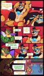  2022 abs alligator alligatorid animatronic anthro armpit_hair being_watched belt biceps body_hair bottomwear bow_tie brown_body brown_fur bulge burntrap_(fnaf) churrosolixoso clothing comic crocodilian crossed_arms detailed_bulge dialogue digital_media_(artwork) duo ear_piercing ear_ring eyebrows eyes_closed eyewear five_nights_at_freddy&#039;s five_nights_at_freddy&#039;s:_security_breach five_nights_at_freddy&#039;s_3 fur glamrock_freddy_(fnaf) green_body green_fur green_scales hair hat headgear headwear hi_res inside lagomorph leporid looking_at_another machine male mammal mohawk montgomery_gator_(fnaf) muscular muscular_anthro muscular_male navel onomatopoeia open_mouth pants pecs piercing question_mark rabbit red_hair reptile ring_piercing robot scales scalie scottgames shoulder_pads sitting sound_effects speech_bubble springtrap_(fnaf) sunglasses talking_to_another talking_to_self tan_body tan_fur tan_scales teeth text top_hat ursid video_games 