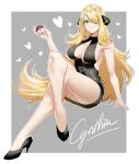  1girl absurdres bangs bare_arms black_dress black_footwear blonde_hair border breasts character_name closed_mouth commentary crossed_legs cynthia_(pokemon) dress earrings full_body grey_background grey_eyes hair_ornament hair_over_one_eye hand_up hanny_(uirusu_chan) heart high_heels highres holding holding_poke_ball jewelry long_hair poke_ball poke_ball_(basic) pokemon pokemon_(game) pokemon_dppt short_dress smile solo very_long_hair wavy_hair white_border 