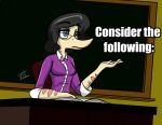  anthro black_hair blue_eyes book classroom clothed clothing dinosaur dress_shirt english_text eyewear female glasses hair i_wani_hug_that_gator long_snout markings ms._prockling reaction_image reptile scalie school seven_(artist) shirt sitting snout solo teacher text topwear video_games 