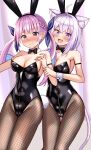  2girls :3 absurdres animal_ear_fluff animal_ears bangs bare_shoulders black_bow black_bowtie black_leotard blue_hair blush bow bowtie braid breasts cat_ears cat_girl cat_tail cleavage collarbone covered_navel crossed_bangs detached_collar embarrassed fake_animal_ears fake_tail fishnet_pantyhose fishnets french_braid grabbing grabbing_from_behind hair_between_eyes highleg highleg_leotard highres hololive leotard looking_at_viewer matching_outfit medium_breasts minato_aqua multicolored_hair multiple_girls nekomata_okayu nootomo pantyhose playboy_bunny purple_eyes purple_hair rabbit_ears rabbit_tail shiny shiny_clothes sidelocks simple_background smile tail traditional_bowtie twintails two-tone_hair virtual_youtuber white_hair 