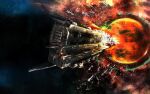  battleship_(eve_online) caldari_state_(eve_online) commentary energy eve_online fleet flying glowing haemoncul highres military military_vehicle no_humans original outdoors science_fiction sky spacecraft star_(sky) starry_sky vehicle_focus 