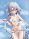  1girl absurdres bikini blue_eyes blue_sky cloud commentary_request day frilled_bikini frills front-tie_bikini_top front-tie_top highres kafun_nuigurumi konno_junko looking_at_viewer low_twintails outdoors romaji_text sky soaking_feet solo standing swimsuit twintails white_bikini white_hair zombie_land_saga 