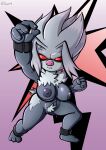  angry annihilape anthro breasts cross-popping_vein cute_fangs female fighting_pose fours_(artist) fur generation_9_pokemon genitals grey_body grey_fur hi_res nintendo nipples pokemon pokemon_(species) pose pubes pussy red_eyes short_stack simple_background solo video_games 