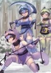  3girls :3 animal_ear_fluff animal_ears bangs bare_shoulders black_hair blue_thighhighs breasts chain commentary_request day elbow_gloves extra_ears forest gloves grappling_hook green_hair green_thighhighs grey_hair grey_thighhighs hair_between_eyes highres japanese_clothes kamaichi_(kemono_friends) kamaji_(kemono_friends) kamamitsu_(kemono_friends) kemono_friends kimono kusarigama long_hair looking_away medium_breasts multicolored_hair multiple_girls nature one_knee orange_eyes outdoors over_shoulder short_hair sickle sleeveless smile snow snowing standing tadano_magu tail thighhighs twintails two-tone_hair weapon weapon_over_shoulder 