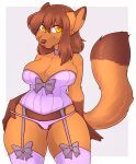  2016 amber_eyes anthro biped breasts brown_body brown_fur brown_hair brown_tail_tip camel_toe cleavage clothed clothing clothing_bow cocoa_(dragonmegaxx) digital_media_(artwork) female fur hair hi_res legwear long_hair mammal panties portrait purple_clothing purple_legwear purple_panties purple_thigh_highs purple_topwear purple_underwear shaded simple_background solo thigh_highs three-quarter_portrait topwear underwear zyira 