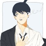  1boy adjusting_clothes adjusting_necktie black_hair black_jacket black_necktie blue_eyes chainsaw_man cigarette collared_shirt earrings hayakawa_aki highres jacket jacket_partially_removed jewelry looking_to_the_side necktie shirt short_hair simple_background smoke smoking solo stud_earrings topknot white_background white_shirt yuuki_(illust2002) 