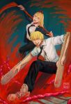  1boy 1girl b4rmn black_necktie black_pants black_suit blonde_hair blood chainsaw chainsaw_man denji_(chainsaw_man) formal intestines necktie pants power_(chainsaw_man) red_eyes scythe sharp_teeth shirt smug suit teeth tongue tongue_out white_shirt 