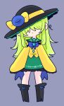  1girl bangs black_footwear black_headwear blouse boots bow buttons covered_eyes diamond_button eyeball frilled_shirt_collar frilled_skirt frilled_sleeves frills green_hair green_skirt grey_background hat hat_bow highres komeiji_koishi light_green_hair long_hair long_sleeves op_na_yarou shirt simple_background skirt solo third_eye touhou wide_sleeves yellow_bow yellow_shirt 