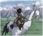  2012 ambiguous_gender avian beak bird black_hair blue_eyes breasts clothed clothing cloud conditional_dnp duo elf feathers female feral grass hair humanoid jay_naylor looking_away mountain outside pointy_ears reins riding saddle url white_feathers 