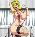  aihara_yui asakura_yuu_(-unlimited) blonde_hair blue_eyes blush breasts curvy erect_nipples fishnet_legwear fishnets hair_ornament highres huge_breasts insert_(artist) long_hair mole nipple_slip nipples one_breast_out sewn_on_nipples sling_bikini smile standing_on_one_leg swimsuit thick_thighs thighhighs thighs v 