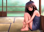  1girl aoyama_motoko black_hair indoors japanese_room leg_hug long_hair looking_at_viewer love_hina reflection serious solo tatami toes 