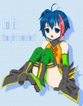  1girl ame-comi bare_shoulders batman_(series) blue_eyes blue_hair boots cape carrie_kelly dc_comics elbow_gloves female gauntlets genderswap gloves gradient_hair kikisuke_t leotard multicolored_hair open_mouth pink_hair robin_(dc) sitting sleeveless solo thighhighs two-tone_hair 