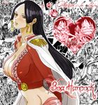  1girl amazon_lily baseball_cap black_hair blue_eyes boa_hancock breasts cleavage earrings eating female hat heart hug injury jacket jewelry long_hair marine military military_uniform monkey_d_luffy navel one_piece petrification pirate red_jacket sash scar shichibukai smile straw_hat uniform 