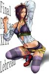  arms_up brown_hair choker dark_skin female final_fantasy final_fantasy_xiii full_body gradient gradient_background lebreau midriff purple_eyes solo squat squatting thighhighs uyorl white_background 