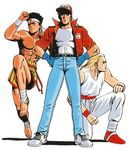  3boys 90s andy_bogard blonde_hair brothers fatal_fury highres joe_higashi male male_focus mori_toshiaki multiple_boys neo_geo official_art oldschool shinkiro siblings snk terry_bogard 