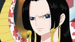  1girl black_hair blue_eyes boa_hancock earrings female frown jewelry long_hair one_piece salome_(one_piece) snake solo 