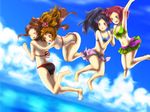  4girls ag_(pixiv330200) barefoot bikini blue_hair brown_eyes brown_hair eyes_closed feet female flower gin_(artist) green_eyes hair_ornament hairband happy hosokawa_gracia inahime kaihime kunoichi_(sengoku_musou) long_hair midriff miniskirt multiple_girls open_mouth ponytail purple_eyes red_hair sengoku_musou sengoku_musou_2 sengoku_musou_3 skirt swimsuit 