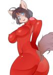  animal_ears anthro ass big_breasts black_nose blue_eyes bodysuit breasts butt catsuit clothed clothing erect_nipples feline female furry hair highres large_breasts looking_at_viewer mammal nipples open_mouth plain_background pose rubber short_hair sindoll solo tail white_background 