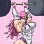  abs barbell breasts detached_sleeves extreme_muscles female gundam gundam_seed lacus_clyne large_breasts lifting lowres muscle muscles muscular muscular_female oekaki pink_hair purple_eyes ren_(tainca2000) rentb simple_background skin_tight solo weights 