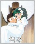  blue_eyes brown_hair couple dress flying green_hair highres horns instrument long_hair lum moroboshi_ataru oni pipe_organ scan smile urusei_yatsura wedding wedding_dress 