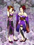  2girls ag_(pixiv330200) arms_up bare_shoulders black_hair breasts brown_eyes brown_hair cleavage detached_sleeves female flower gin_(artist) hair_ornament inahime japanese_clothes kimono long_hair multiple_girls nail_polish nene red_eyes sandals sengoku_musou sengoku_musou_2 thighhighs 