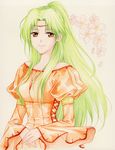  agahari circlet dress earrings elincia_ridell_crimea fire_emblem fire_emblem:_souen_no_kiseki flower green_hair jewelry long_hair long_sleeves necklace orange_dress orange_eyes ponytail smile solo traditional_media 