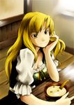  blonde_hair bowl brown_eyes dress female final_fantasy final_fantasy_tactics food indoors long_hair milleuda_folles miluda_folles sitting solo yunsuku 