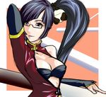  arc_system_works black_bra black_hair blazblue blazblue:_calamity_trigger bra breasts china_dress chinadress chinese_clothes cleavage dress female glasses lao_jiu lingerie litchi_faye_ling long_hair ponytail red_eyes solo underwear uyorl 