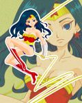  1girl amazon bare_shoulders black_hair blue_eyes boots breasts cleavage dc_comics earrings female jewelry kikisuke_t lasso leotard long_hair red_shoes shoes solo strapless tiara wonder_woman wonder_woman_(series) wristband zoom_layer 