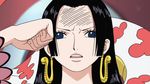  1girl amazon_lily black_hair blue_eyes boa_hancock earrings female frown jewelry leaning long_hair looking_at_viewer one_piece pet salome_(one_piece) screencap snake solo 