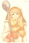  blonde_hair brown_eyes female final_fantasy final_fantasy_tactics gloves hood jiffy long_hair robe solo staff white_background white_mage white_mage_(fft) 