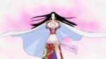  amazon_lily black_hair blue_eyes boa_hancock breasts cape earrings female jewelry large_breasts long_hair midriff one_piece thighs 