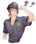  2boys adjusting_clothes adjusting_headwear black_hair black_headwear black_shirt chasing chibi collared_shirt cuffs free! grin hair_between_eyes handcuffs hat highres low_ponytail male_focus matsuoka_rin mermaid monster_girl multiple_boys nanase_haruka_(free!) one_eye_closed orange_eyes outstretched_hand police police_hat police_uniform policeman red_hair sei_(_mo1008) sharp_teeth shirt short_hair short_sleeves smile teeth uniform upper_body white_background 